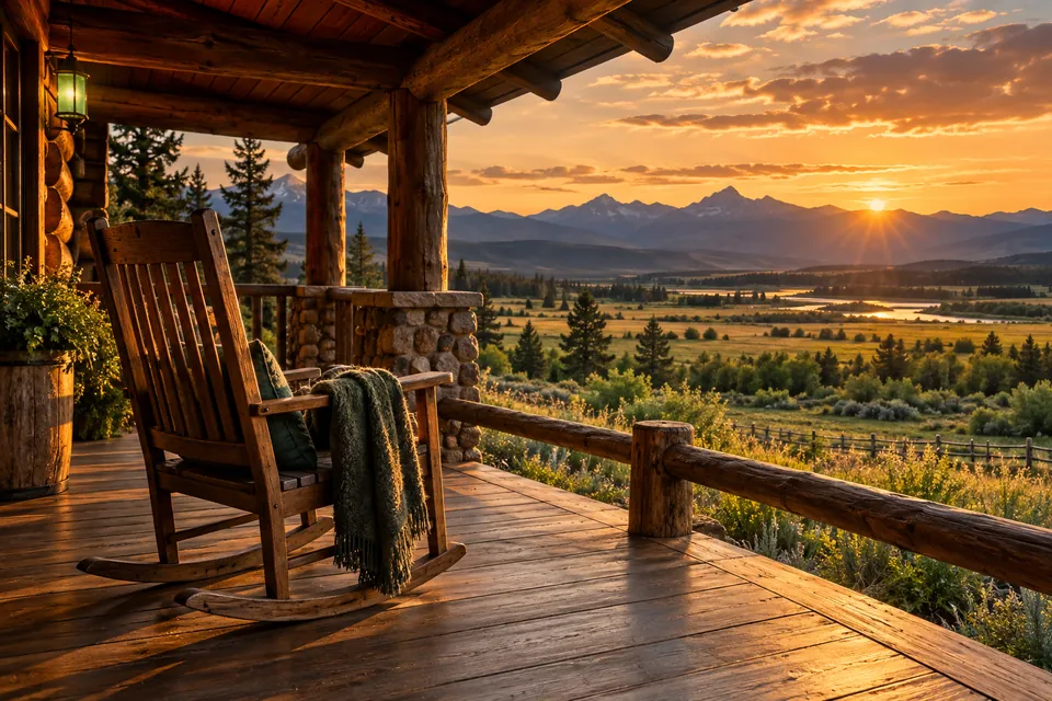A wooden rocking chair on a ranch porch overlooking mountains at golden hour